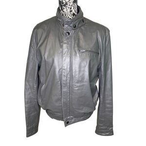 Bermans Vintage Gray Leather Bomber Jacket Removable Liner Motorcycle Coat